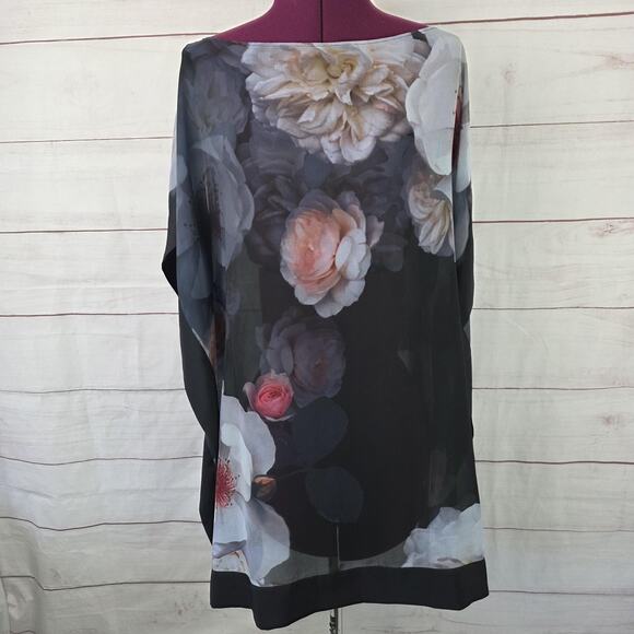 Ted Baker Poncho Womens Medium Black Floral Sheer Kimono Overlay Blouse Top - Picture 1 of 11